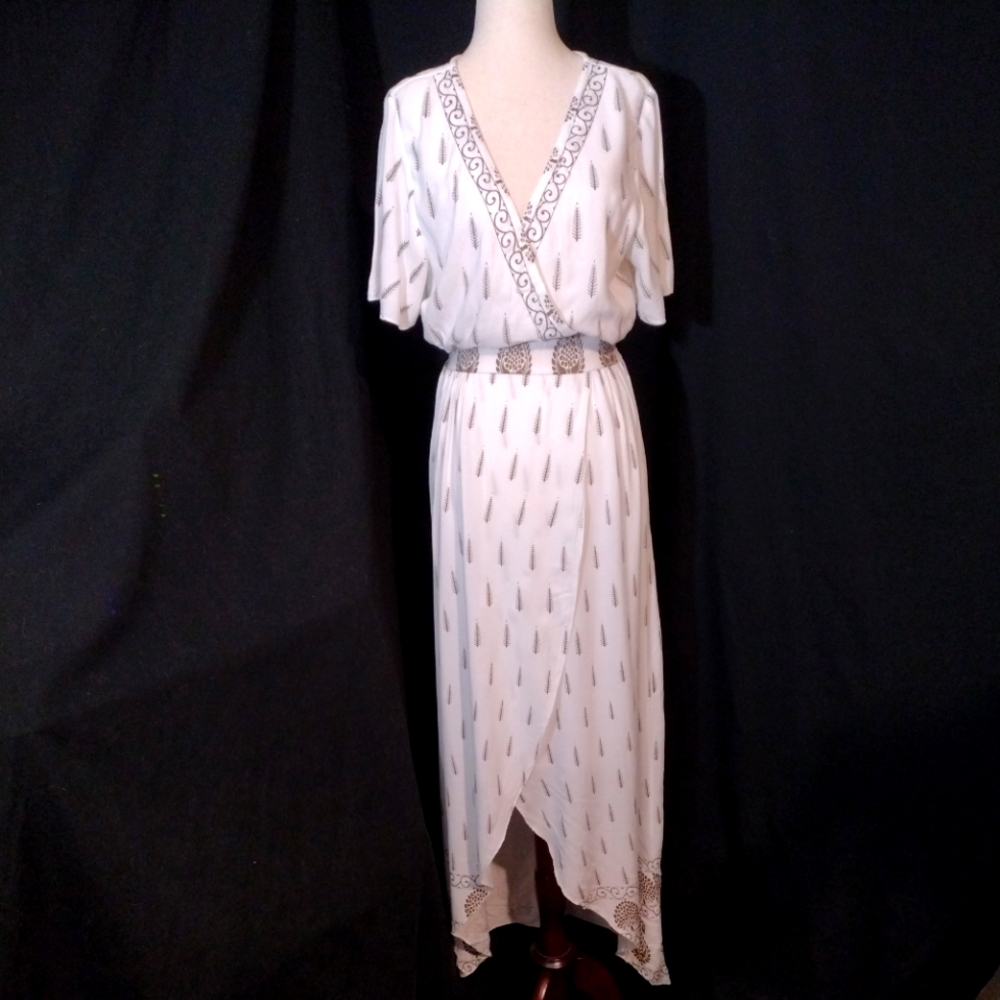 NWOT White Lapogee S.Sleeve Hi-Lo Faux Wrap Dress w/ Greek Style Print Size L